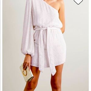 Retrofete White Sequin One Shoulder Long Sleeve Dress